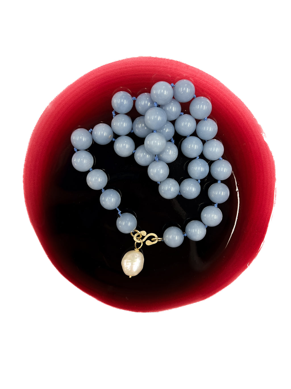 Ketting met angeliet, gouden slot met gouden barok-zoetwaterparel